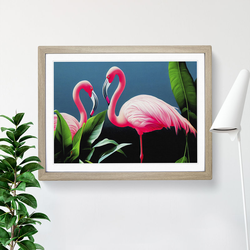 Attractive Flamingos - Framed Print, 34cm H x 46cm W x 2cm D, Oak