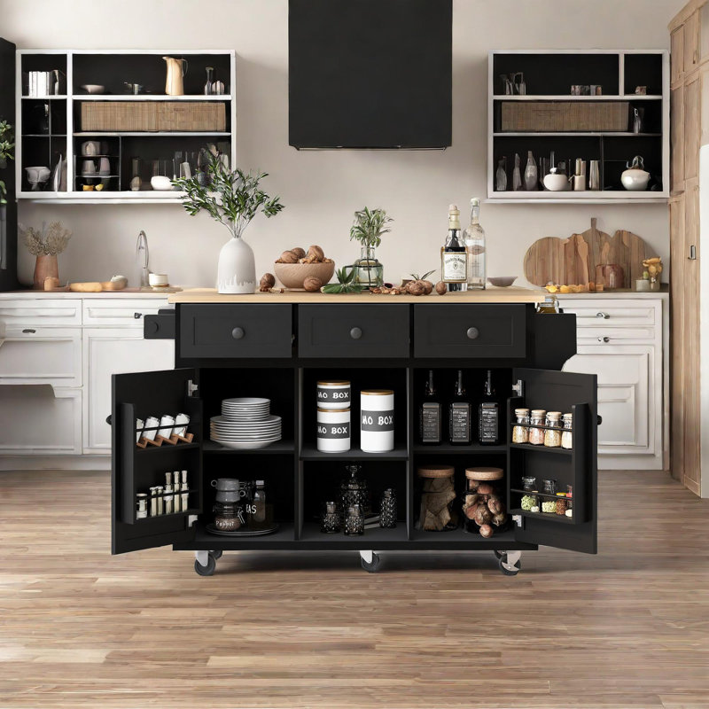 Chariot de cuisine roulant avec plateau en bois massif Bobbe, Noir