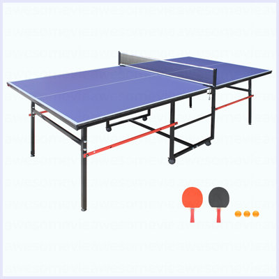 8Ft Mid-Size Table Tennis Table Foldable & Portable Ping Pong Table Set For Indoor Games With Net, 2 Table Tennis Paddles And 3 Balls