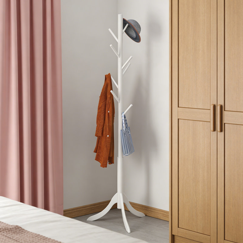 Portemanteau autoportant en bambou avec 8 crochets, arbre d'entrée pour vestes et chapeaux, Blanc