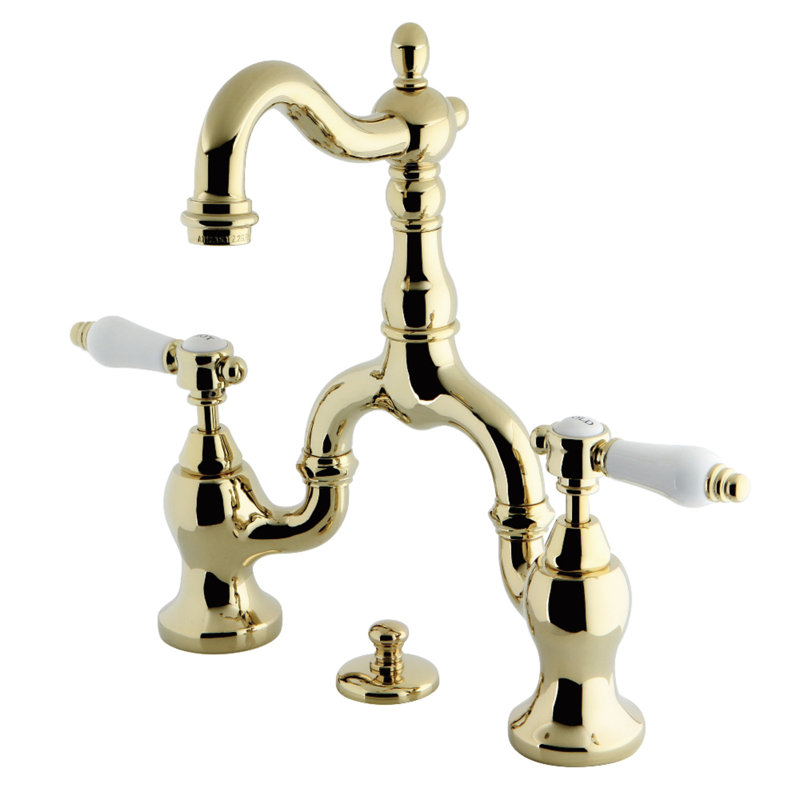 Kingston Brass Bel-Air Two-Handle 3-Hole Deck Mount Bridge Bathroom Faucet with Brass Pop-Up, Polished Brass