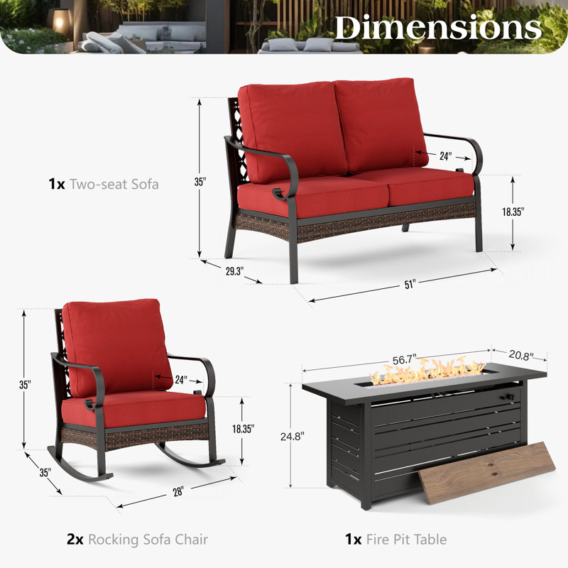 Ensemble de conversation pour 4 personnes avec table et coussins en acier inoxydable, Noir / rouge / noir