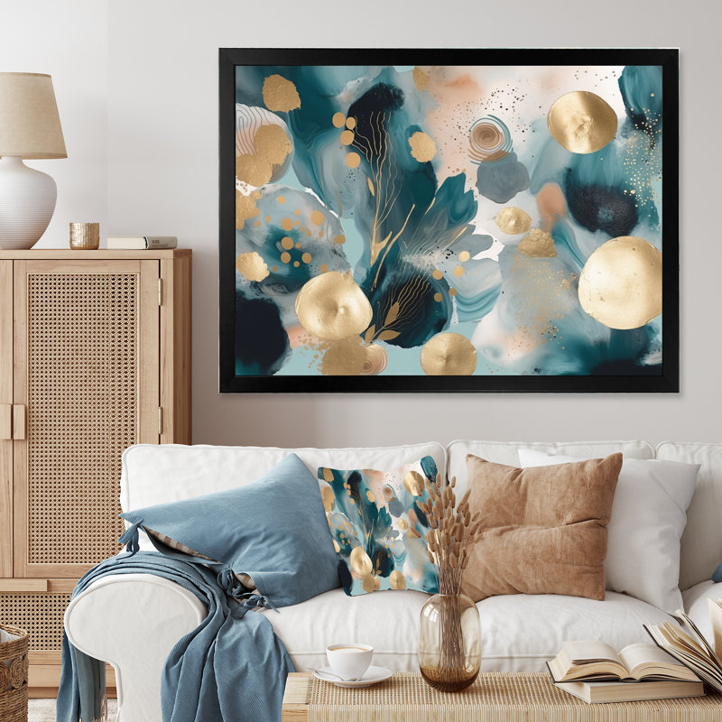 «Blue and Gold Exploration Floral Forms III», reproduction sur toile florale abstraite, Cadre photo noir