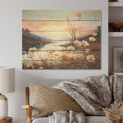 «Meadow Stream At Sunset», art mural sur bois de pin naturel