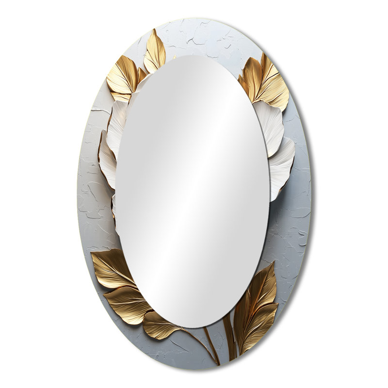 Pivoine fleurie en or et blanc I - Miroir mural traditionnel ovale, 36 po x 24 po