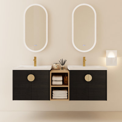 60 Inch Wall Mounted Bathroom Vanity With Cupboard - Black Chestnut, Modern Appearance Basin Chestnut Color, Look
