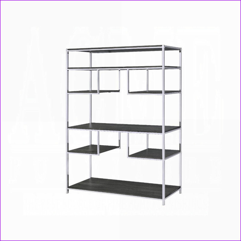 Bibliothèque à 8 tablettes, chêne gris rustique et chrome argenté | Bois et métal | Gris rustique