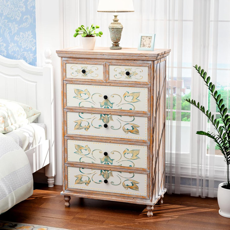 Wash White Embossed P2 MDF With Solid Wood Legs Six-Drawer Cabinet