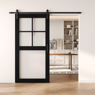 Homacer Black 32in x 80in Unassembled & Finished Geometric Design Barn Door with Non-Bypass Installation Hardware Kit, 5.5ft track, interior use only