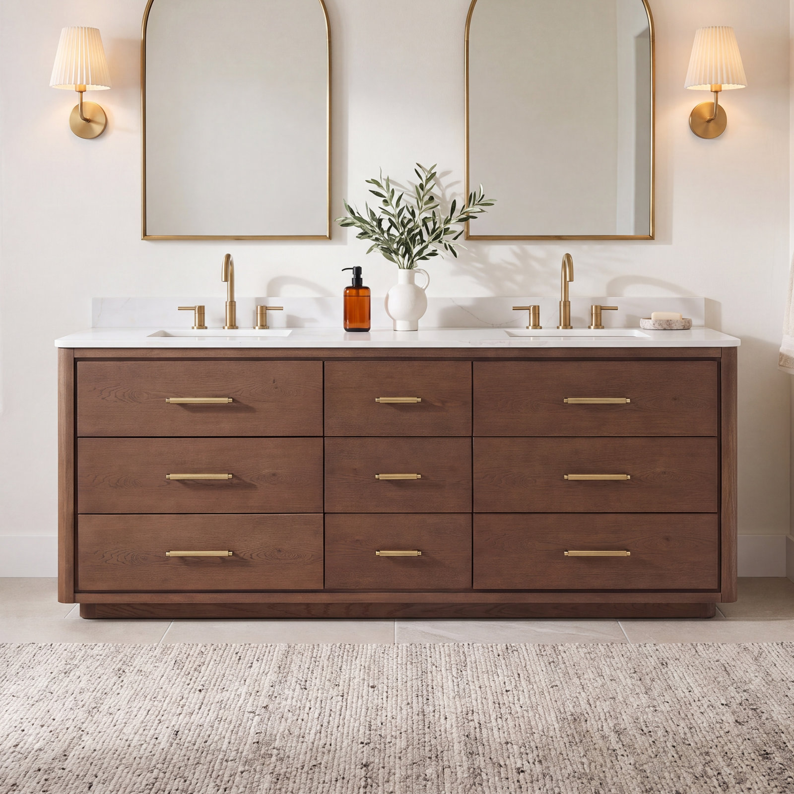 Porto 84'' Double Bathroom Vanity, Dark Brown Oak, Gold