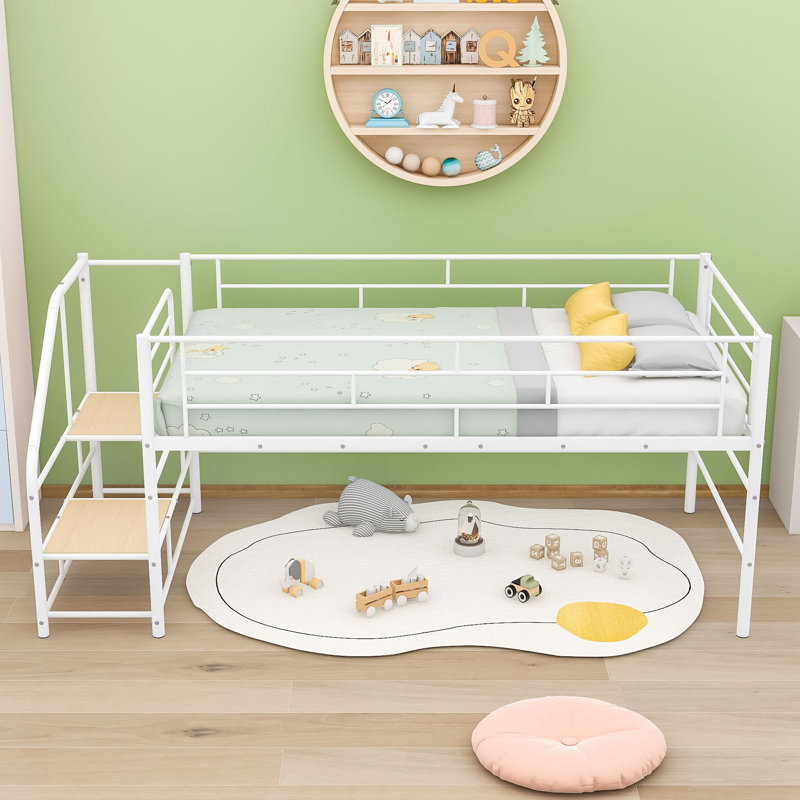 Twin Mid Loft Bed With Integrated Storage Stairs And Guardrails, White