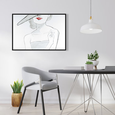Woman with Hat - Fashion Gray Framed Canvas for Home Decor