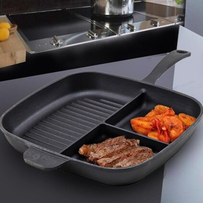 Lava Enameled Cast Iron Skillet 10 inch-3-Compartment Grill Pan Self Handled Rectangle