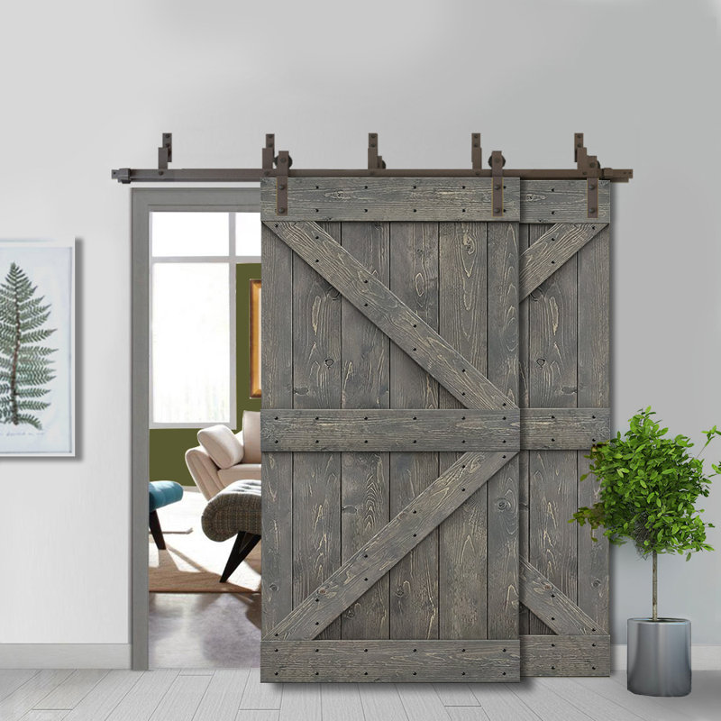 Porte de grange double à panneaux en bois teinté K Series, H 84 po x l 40 po, Gris patiné