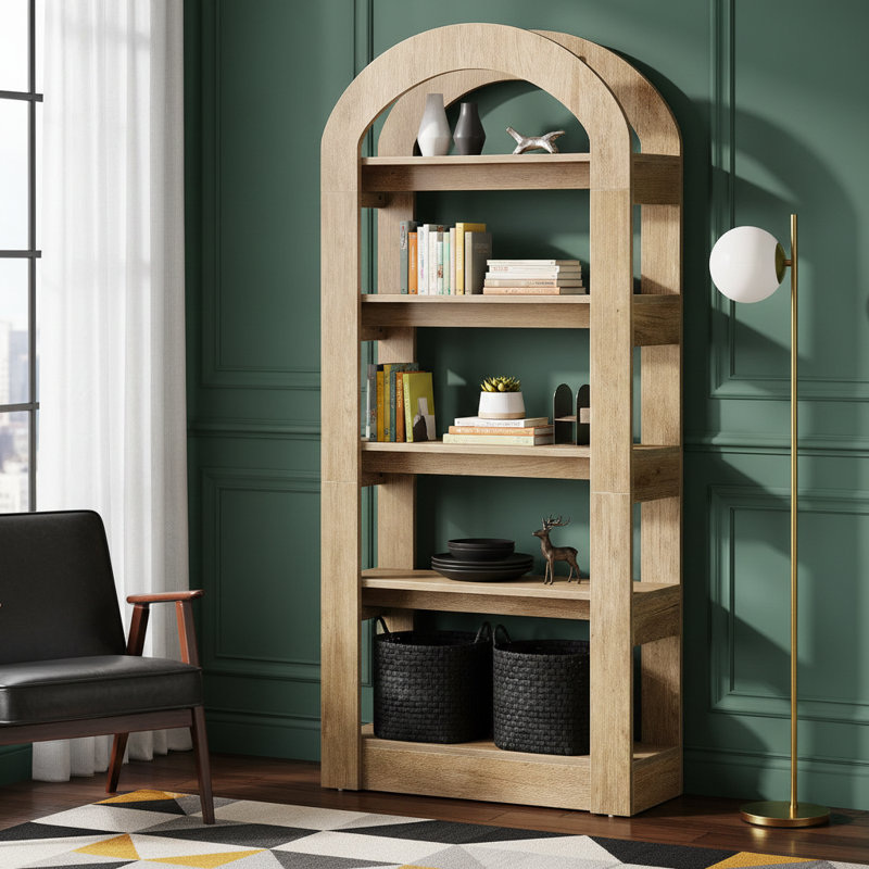 70.87" H 5-Tier Arched Bookcase, Oak, 1