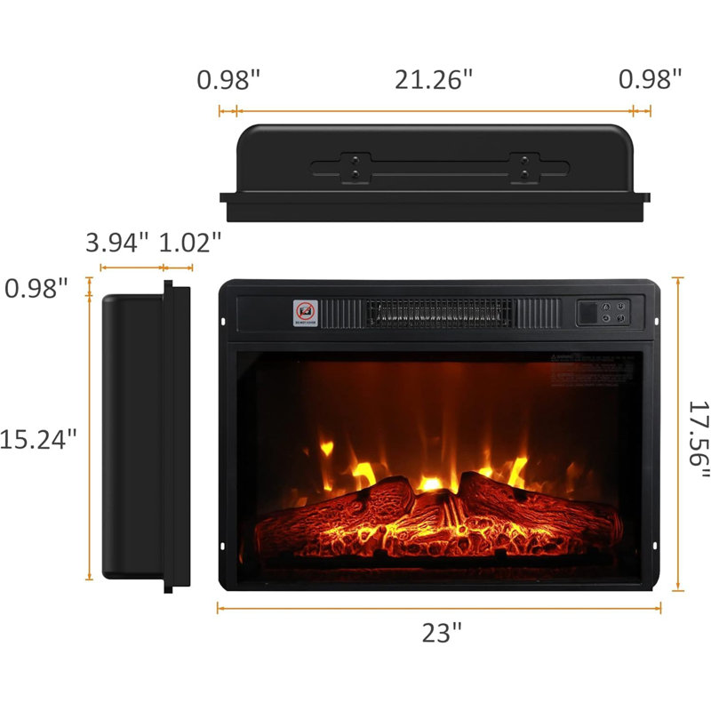 Insertion de foyer électrique infrarouge 23 po 3D avec télécommande infrarouge, vue en verre et flammes réglables