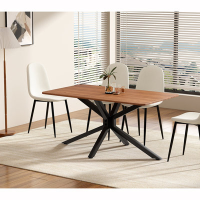 55.1" Brown Wood Grain Rectangular Dining Table With Black Metal Base For Kitchen, Dining Room, Living Room