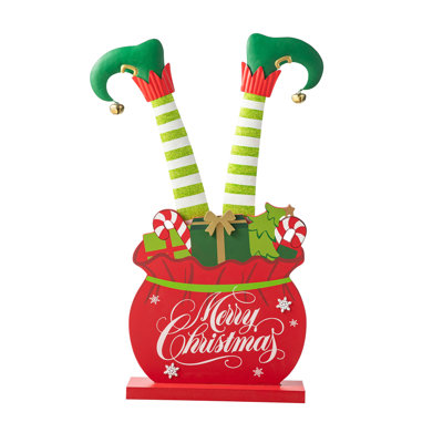 Pieds d'elfe en bois de Noël en métal 24,5 po dans une boîte-cadeau (KD)
