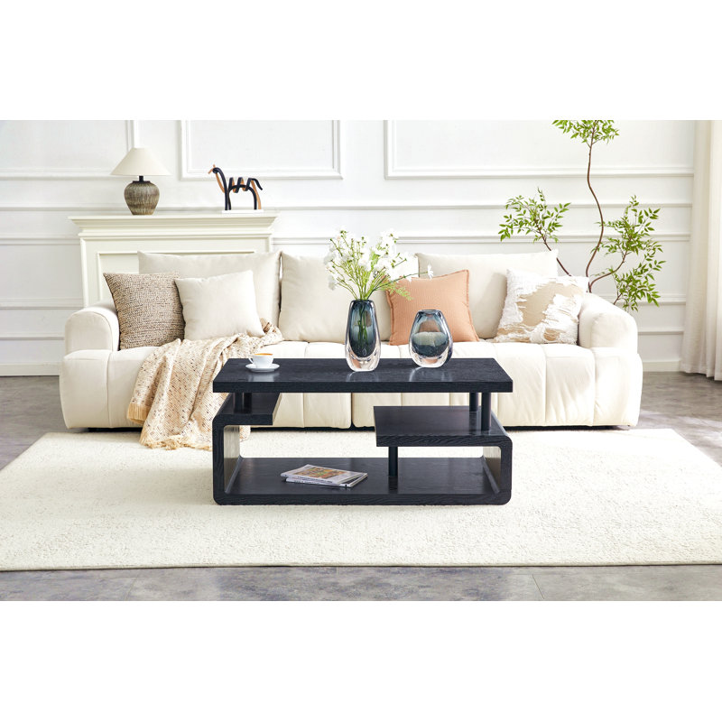 Table basse à trois niveaux en panneau de fibres à densité moyenne avec finition grain de bois noir, Grain de bois noir