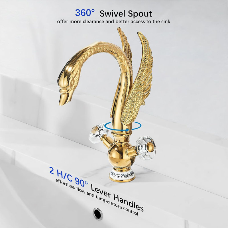 Bathroom Faucet Swan Design Single Hole Lavatory Faucet with 2 Crystal Knobs Deck Mount Bathroom Sink Faucet with Water Supply Hose