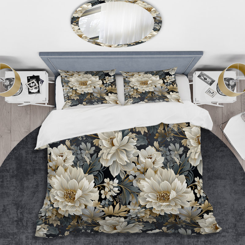 Ensemble de housse de couette Flower Elegance Neutral Gray - Floral, Housse de couette pour très grand lit et 2 très