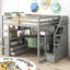 Lit mezzanine double en bois massif gris avec bureau, tablettes, tiroirs et tablette de rangement-1023996849-1023996851