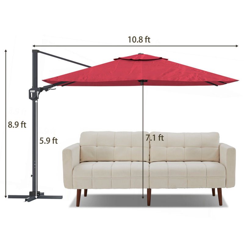 Parasol de patio carré en porte-à-faux 11 pi (sans base de parasol), Rouge