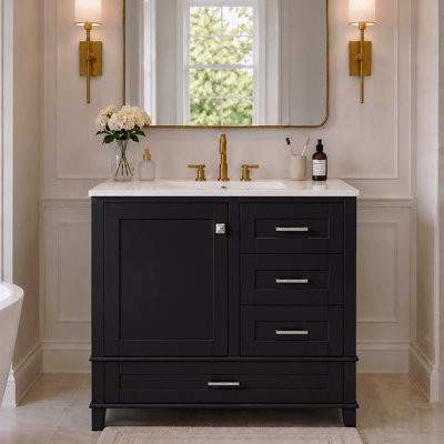 Meuble-lavabo noir de 91 cm (36 po), meuble de salle de bain moderne avec lavabo intégré, meuble de rangement avec 1 porte et 3 tiroirs à fermeture amortie, structure en bois massif