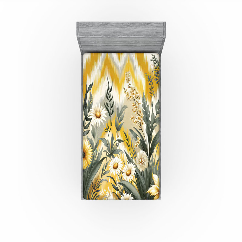 Drap-housse Ambesonne Floral Eucalyptus_ Chevron botanique_ Moutarde et vert laurier, Drap-housse de taille simple