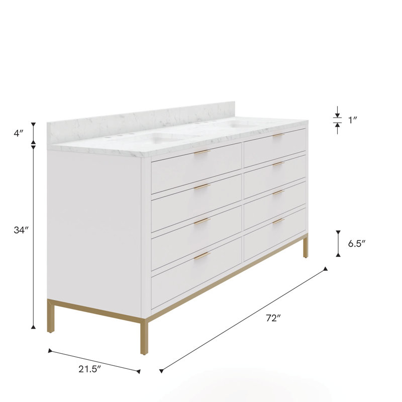 Bristol 72 In. Double Sink Carrara White Marble Countertop Bath Vanity In Monarch Blue With Satin Gold Gooseneck Faucets