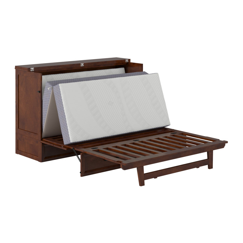 Tucson Wood Murphy Bed Chest with Storage Drawer, Built-in Charging station and Mattress, Walnut, Queen