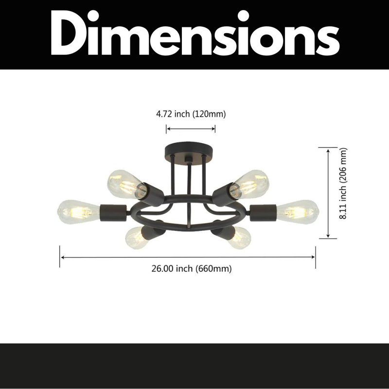 Plafonnier semi-encastré 6 lumières, Noir mat