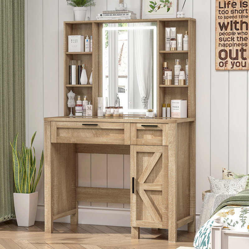 Meuble-lavabo Decoda Farmhouse avec miroir et lumières, Brun
