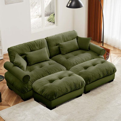 Over Size Modern Two-Seater Sofa With Ottoman, Velvet 2-Seater With Round Bolster Armrests, With Waist Pillow And Throw Pillows, Reading Room, Loft And Bedroom
