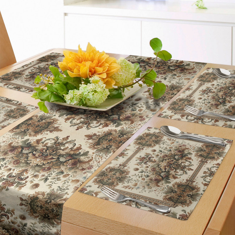 Ethnic Floral Olive Green Sand Brown Table Runner and Placemats Set