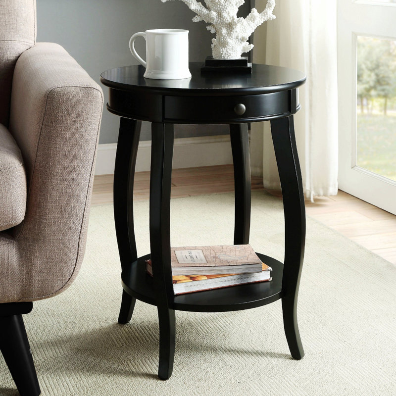 Round Accent Table With 1 Drawer And Open Storage, Black