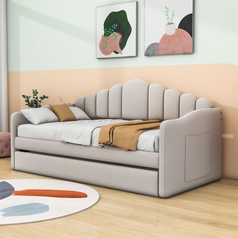 Lit de jour simple en velours avec couchette et station de charge USB, Beige