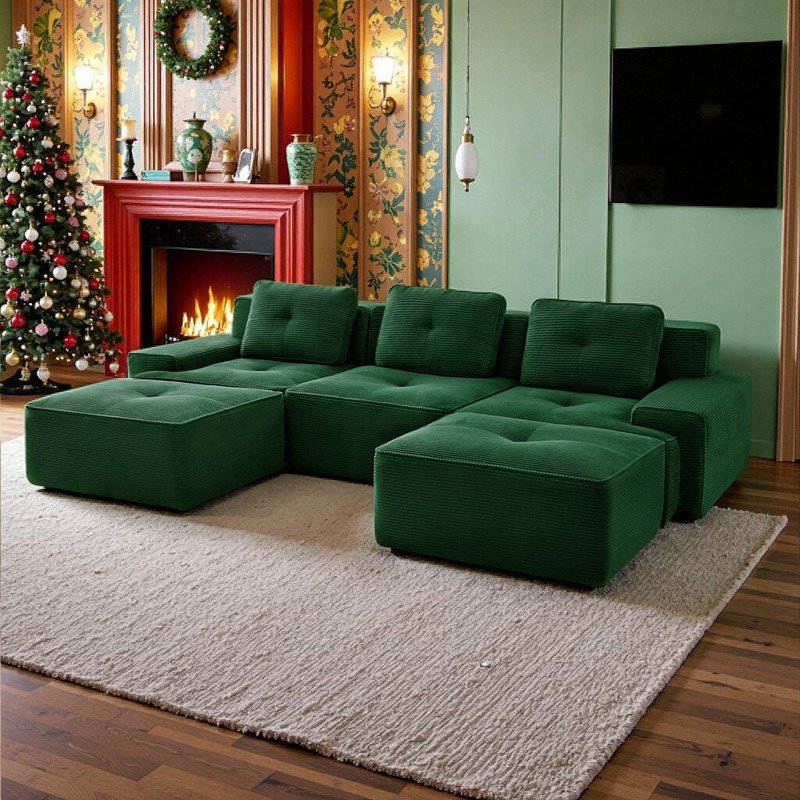 Canapé modulaire 117 po avec repose-pieds modulaire en velours côtelé de 117 po ergonomique, sans assemblage, Vert