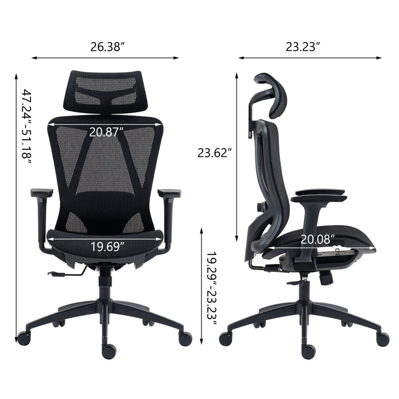 High Back Mesh Office Chair With Breathable Fabric, 360 Rotation, 3D Adjustable Arms, Seat, Ideal For Space, Black Classic Design, Foam Inside, 48.28 In Height Office, , Swivel, Height, Nylon And
