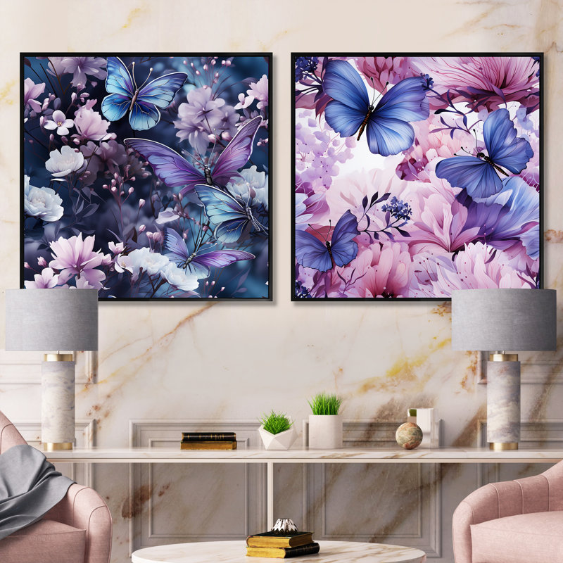 Lavender Fluttering Butterflies Pattern - Animals Butterfly Square Collage Set Of 2, 16" H x 33" W, Black Floater Framed