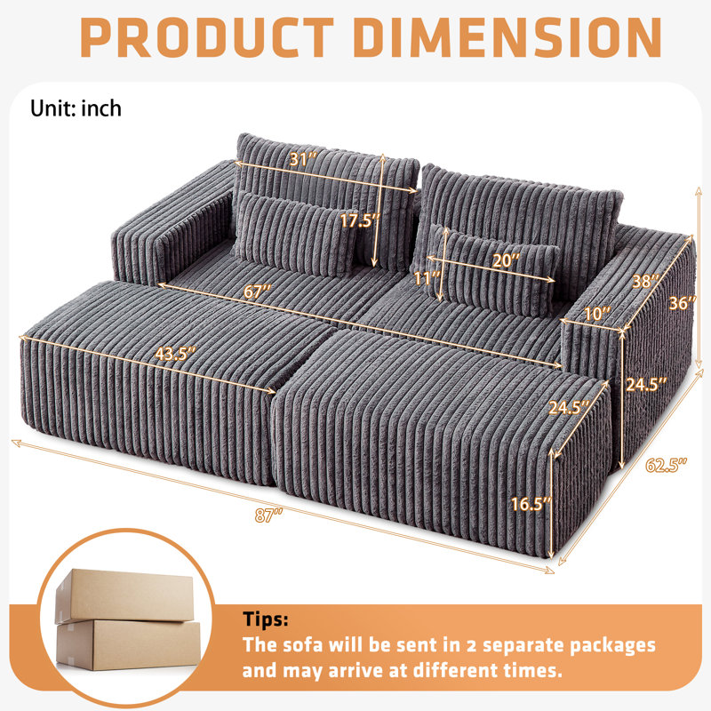 Canapé modulaire en velours côtelé de 87 po de largeur, grand canapé-lit / méridienne double avec 4 coussins