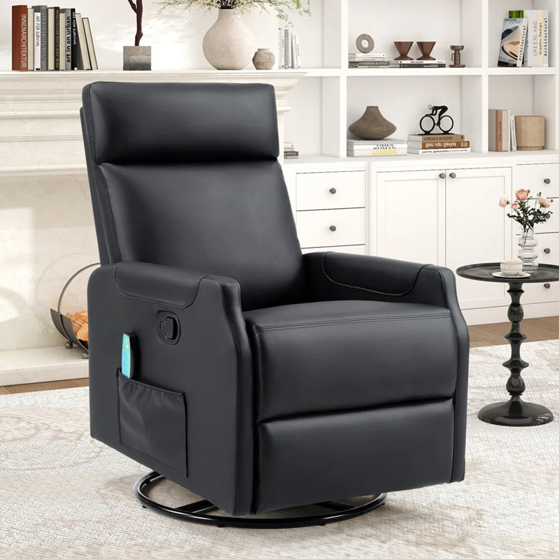 Petit fauteuil inclinable manuel berçant moderne pivotant de 24,8 po avec système de massage chauffant à 8 points et poche de rangement latérale