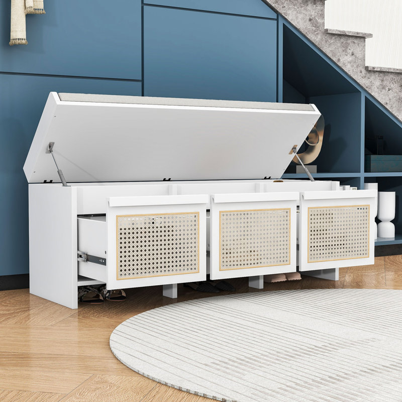 Banc de rangement avec tiroirs en rotin, rangement dissimulé et coussin rembourré, White