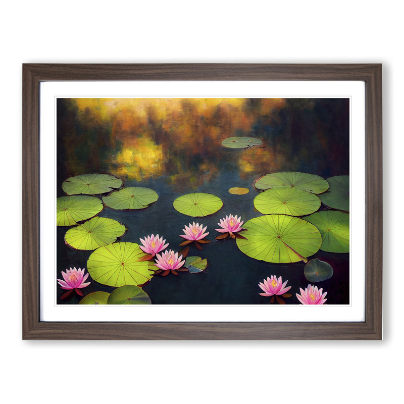 Delightful Water Lily Pond - Single Picture Frame Print, 46cm H x 64cm W x 2cm D, Walnut