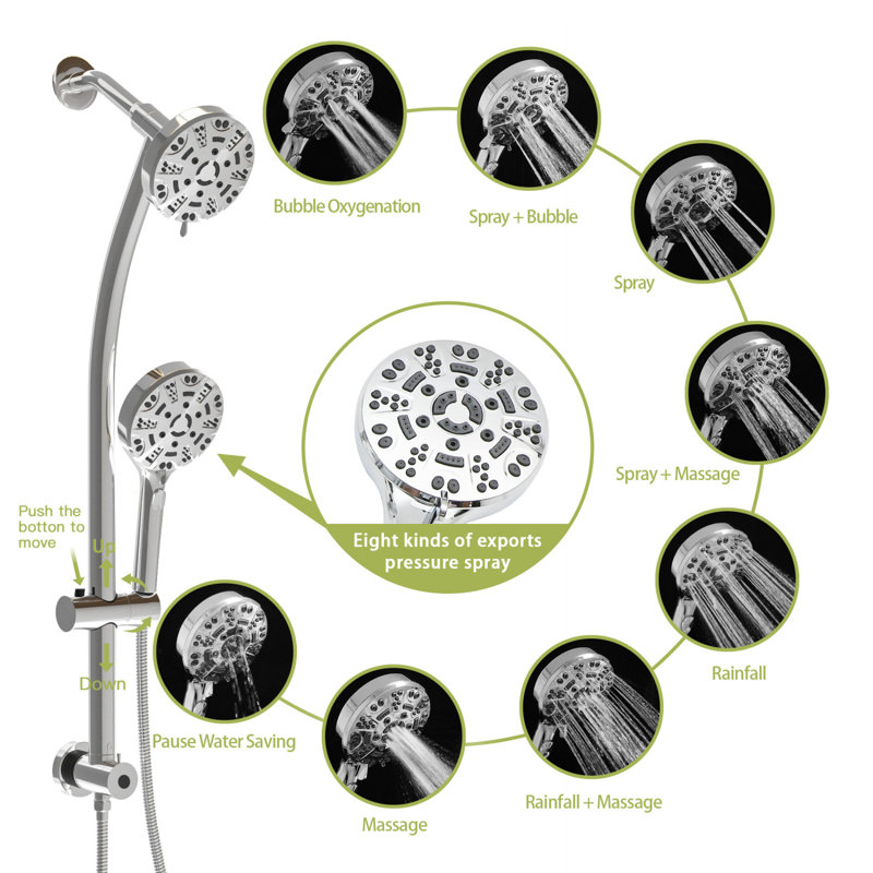 Pomme de douche double multifonction - Système de douche avec pomme de douche à pluie de 4,7 po, douche à main 8 fonctions, barre coulissante réglable