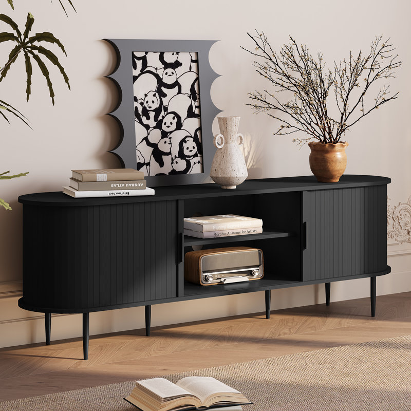 Meuble télé moderne avec porte coulissante, 63'', Noir, noir, noir, noir
