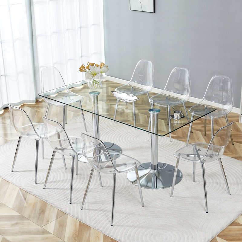  Table de salle à manger moderne en verre trempé de 71 po avec 8 chaises transparentes, ensemble de cuisine à double piédestal en acier inoxydable de luxe, sièges professionnels pour 8 personnes