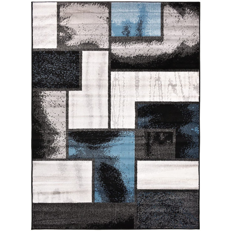 Tapis bleu et noir en polypropylène à poils longs en jute Patchonia, Rectangle 2 pi x 3 pi