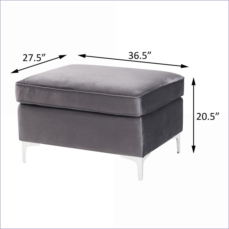 Ottoman Slate Gray Contemporary Industrial with Pocket Coils &amp; Faux Fur Pillows | Brushed Silver Legs, Gray Velvet