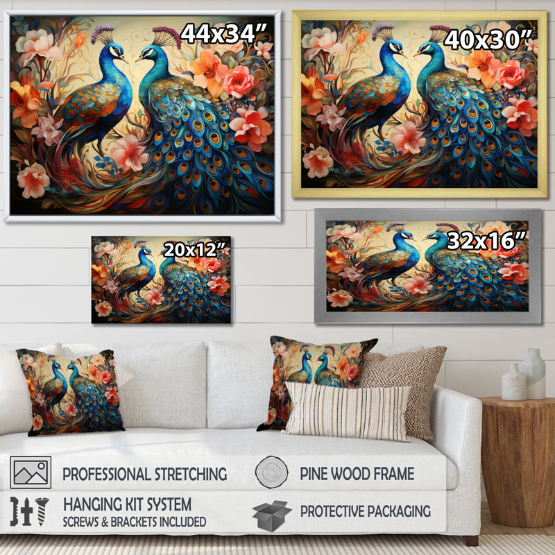 Blue Coral Indian Dancing Peacocks I - Print, 34" H x 44" W x 1.5" D, Wrapped Canvas